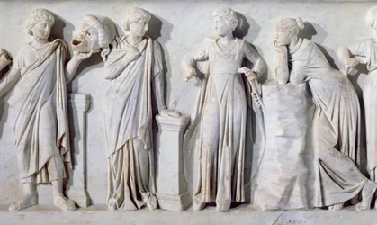 Musernes sarkofag, detalje af Thalia, Erato, Euterpe og Polyhymnia, ca. 160 e.Kr. marmor